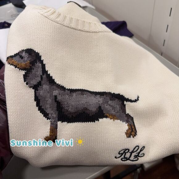NWT Lauren Ralph Lauren Intarsia Dachshund dog Chalk Cotton Sweater XS - Picture 7 of 11